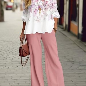 Women's Floral Daily Going Out Two Piece Set Long Sleeve Casual Spring/Fall Top With Pants Matching Set, JustFashionNow Suit Set, color:Pink|size:XXL,