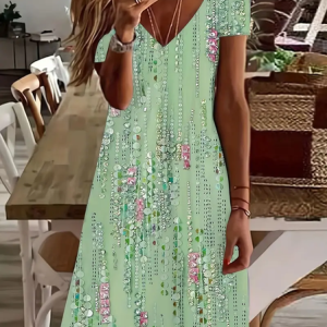 Women's Floral Short Sleeve Summer Printing Dress V Neck Daily Casual Knee Length T-Shirt Dress H-Line Dress, JustFashionNow Casual Dresses, color:Green|size:XXL