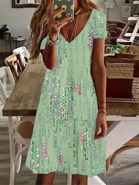 Women's Floral Short Sleeve Summer Printing Dress V Neck Daily Casual Knee Length T-Shirt Dress H-Line Dress, JustFashionNow Casual Dresses, color:Green|size:XXL