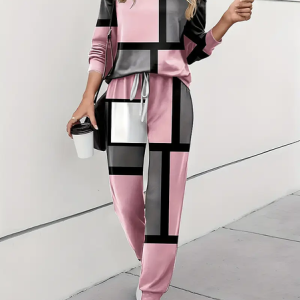 Women's Printing Color Block Daily Going Out Two Piece Set Long Sleeve Casual Spring/Fall Top With Pants Matching Set, JustFashionNow Suit Set, color:Pink|size:4XL,