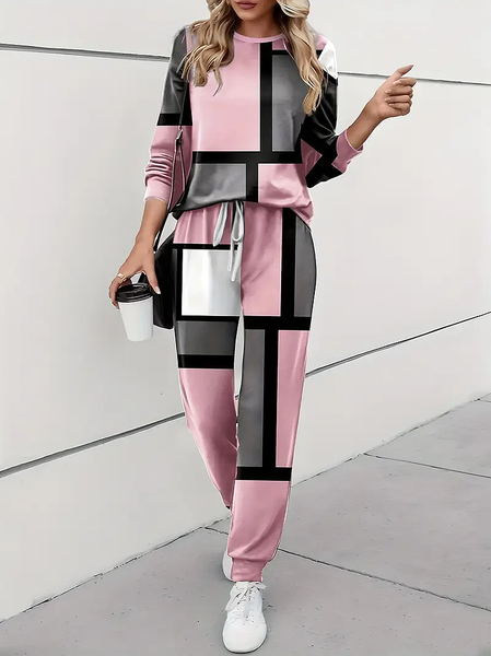 Women's Printing Color Block Daily Going Out Two Piece Set Long Sleeve Casual Spring/Fall Top With Pants Matching Set, JustFashionNow Suit Set, color:Pink|size:4XL,