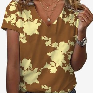 Women's Short Sleeve Tee T-shirt Summer Floral Jersey V Neck Holiday Going Out Casual Top, JustFashionNow T-Shirts, color:Yellow|size:XXL,