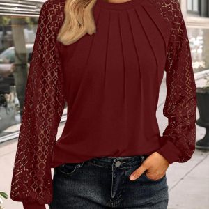 Round Neck Lace Long Sleeve Pleated Design Blouse Casual Versatile Top, women Blouses & Shirts, ChicMe catalog