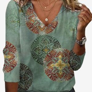 Women's Long Sleeve Tee T-shirt Spring/Fall Ethnic Jersey V Neck Daily Going Out Casual Top, JustFashionNow T-Shirts, color:Green|size:XXL,