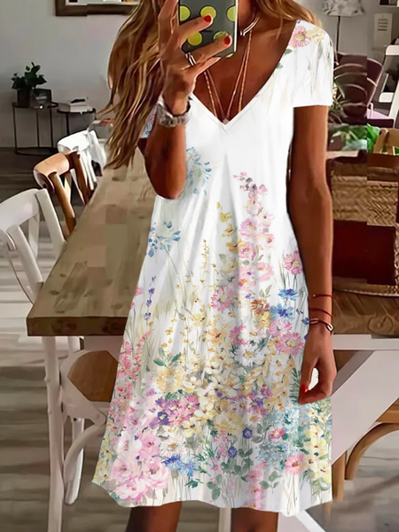 Women's Floral Spring Print Casual V-Neck Short Sleeve Dress, Dresses, Lilicloth.com - Image 17