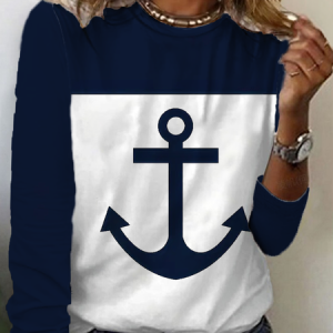 Women's Anchor Long Sleeve Tee T-shirt Crew Neck Printing Casual Spring/Fall Graphic Tee Top, JustFashionNow T-Shirts, color:Navy Blue|size:3XL