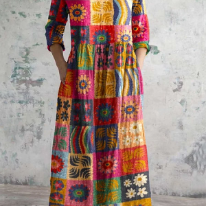 Women's V-neck abstract art floral neckline cotton dress with pockets, Dresses, Lilicloth.com