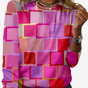 Women's Long Sleeve Tee T-shirt Spring/Fall Colorblock Jersey Crew Neck Daily Going Out Casual Top, JustFashionNow T-Shirts, color:Rose Red|size:XXL,