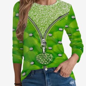 Women's Long Sleeve Tee T-shirt Spring/Fall Geometric Jersey Crew Neck Holiday Going Out Casual Top, JustFashionNow T-Shirts, color:Green|size:XXL,