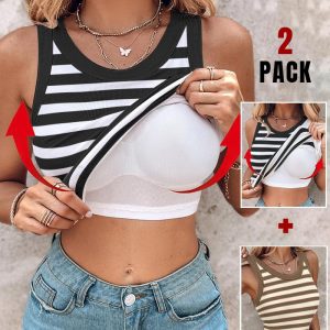 ChicMe Built-in Bra 2-Pack Striped Round Neck Built-in Bra Ribbed Tank Top, women Tanks & Crop Tops, ChicMe catalog