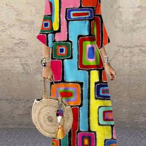 Women Geometric Crew Neck Short Sleeve Comfy Vintage Maxi Dress, Maxi, color:Multicolor|size:4XL, catalog Noracora shop