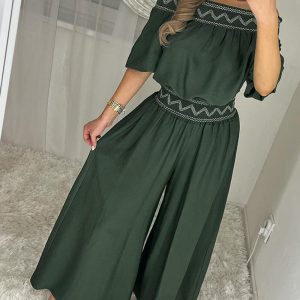 Tribal Pattern Off Shoulder Half Sleeve Top Shirred Wide Leg Pants Vacation Pants Set, women Two-piece Sets, ChicMe catalog