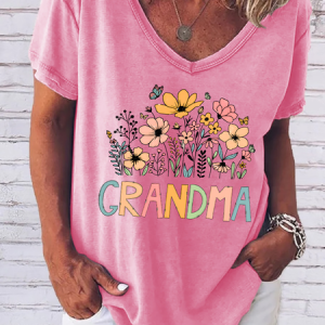 Grandma Flower Casual Cotton-Blend V Neck T-Shirt, T-shirts, Lilicloth.com