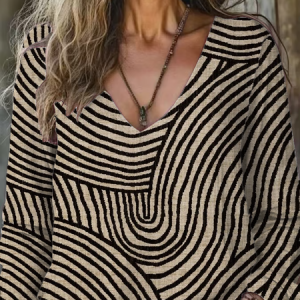 Women's Long Sleeve Tee T-shirt Spring/Fall Striped Printing V Neck Casual Graphic Tee Top, JustFashionNow T-Shirts, color:As Picture|size:XXL,