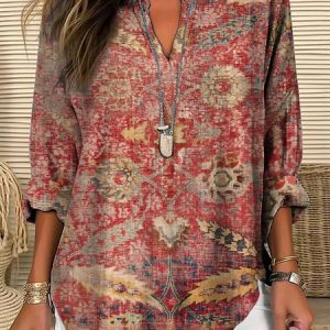 Women's Vintage Ethnic Art Floral Print V-Neck Shirt, Blouses, Lilicloth.com