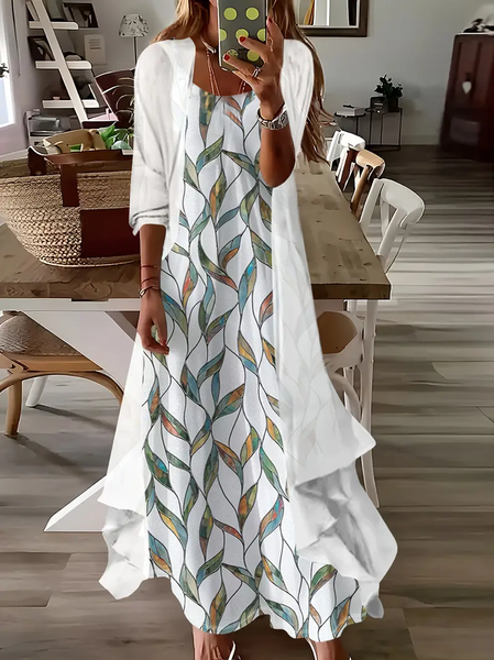 Women's Floral Printing Two-Piece Set Daily Three Quarter Sleeve Casual Spring/Fall Coat With Skirt Matching Set, JustFashionNow Suit Set, color:White|size:XXL,