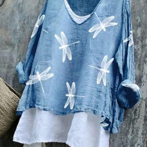 Vintage Animal V Neck Long Sleeve T-shirt, T-shirts, color:Blue|size:4XL, catalog Noracora shop