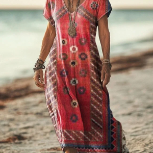 Women's Geometric Short Sleeve Summer Printing Dress V Neck Daily Casual Maxi T-Shirt Dress H-Line Dress, JustFashionNow Casual Dresses, color:As Picture|size:4XL,