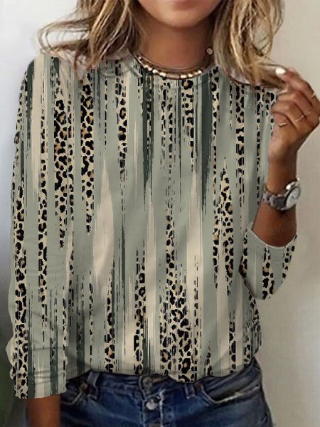 Women's Long Sleeve Tee T-shirt Spring/Fall Leopard Jersey Crew Neck Daily Going Out Casual Top, JustFashionNow T-Shirts, color:Army Green|size:XXL,