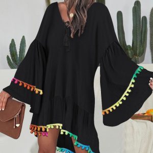 Colorful Pom Pom Decor V-Neck Bell Sleeve Tied Detail High-Low Hem Dress Casual Ruffle Hem Vacation Dress, women Casual Dresses, ChicMe catalog