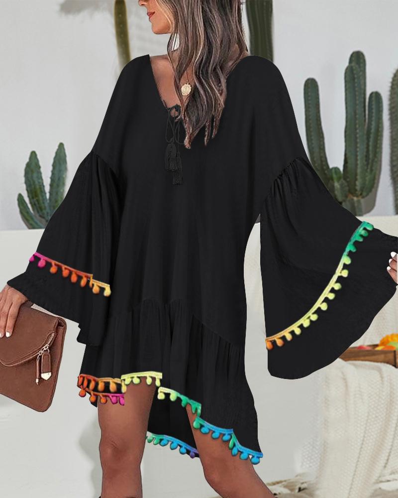 Colorful Pom Pom Decor V-Neck Bell Sleeve Tied Detail High-Low Hem Dress Casual Ruffle Hem Vacation Dress, women Casual Dresses, ChicMe catalog