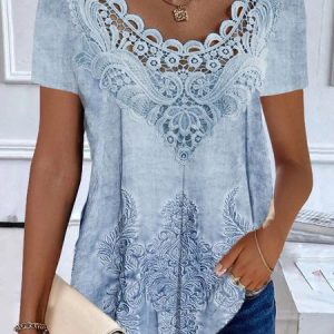 Women's Short Sleeve Blouse Summer Random Print Lace Jersey Crew Neck Daily Going Out Casual Top, JustFashionNow Shirts, color:Blue|size:XXL,