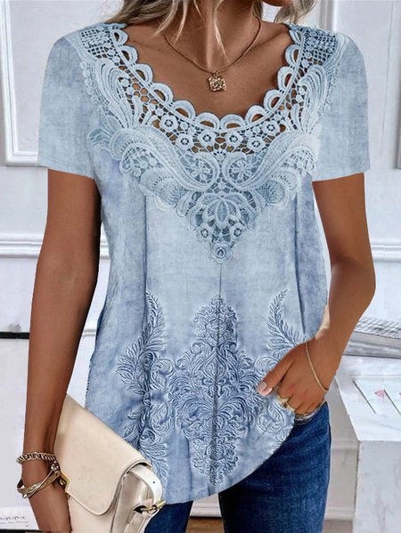 Women's Short Sleeve Blouse Summer Random Print Lace Jersey Crew Neck Daily Going Out Casual Top, JustFashionNow Shirts, color:Blue|size:XXL,