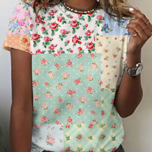 Patchwork floral short sleeve shirt, T-shirts, Lilicloth.com