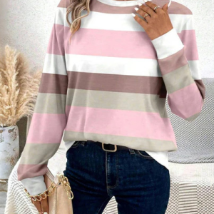 Women's Long Sleeve Tee T-shirt Spring/Fall Striped Jersey Crew Neck Daily Going Out Casual Top, JustFashionNow T-Shirts, color:Pink|size:4XL,