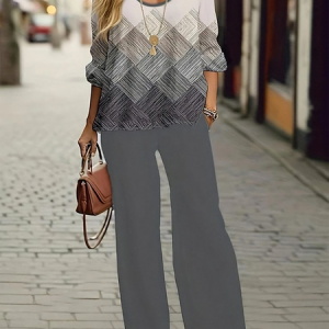Women's Geometric Printing Two-Piece Set Daily Long Sleeve Casual Spring/Fall Top With Pants Matching Set, JustFashionNow Suit Set, color:Gray|size:XXL,