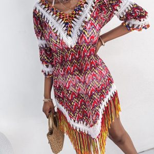 Colorblock V Neck Three Quarters Sleeve Hollow-out Cover Ups Casual Asymmetrical Tassel Hem Midi Dress, women Cover Ups, ChicMe catalog