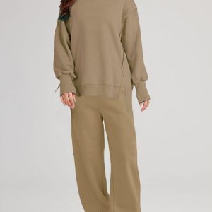 Plain Crew Neck Casual Loose Two-Piece Set, JustFashionNow Sweatshirts & Hoodies, color:Khaki|size:XS,