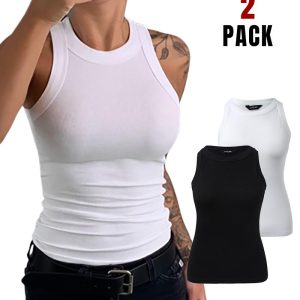 2-Pack Round Neck Thick Strap Racerback Ribbed Tank Slim Fit Tops without Bra Pads, women Tanks & Crop Tops, ChicMe catalog