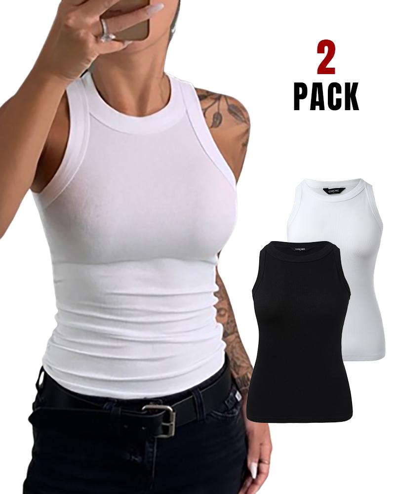 2-Pack Round Neck Thick Strap Racerback Ribbed Tank Slim Fit Tops without Bra Pads, women Tanks & Crop Tops, ChicMe catalog