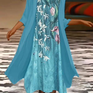 Women Floral Printing Two-Piece Set Daily Three Quarter Sleeve Casual Spring/Fall Dress With Coat Matching Set, JustFashionNow Suit Set, color:Blue|size:XXL,