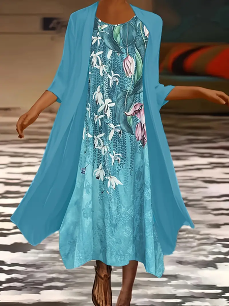 Women Floral Printing Two-Piece Set Daily Three Quarter Sleeve Casual Spring/Fall Dress With Coat Matching Set, JustFashionNow Suit Set, color:Blue|size:XXL,