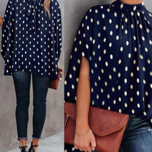 Polka Dot Stand Collar Batwing Sleeve Blouse Casual Back Tied Detail Top, women Blouses & Shirts, ChicMe catalog