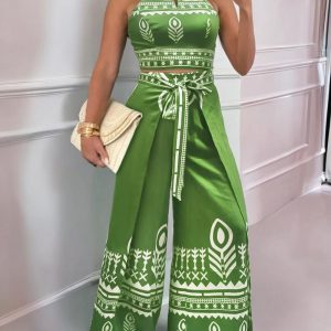 2 Pieces Outfit Floral Print Halter Lace Up Crop Tank and Casual Wide Leg Pants Set, women Two-piece Sets, ChicMe catalog