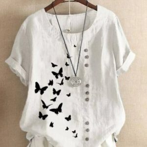 Crew Neck Half Sleeve Butterfly Regular Regular Fit Blouse For Women, Blouses, color:White|size:4XL, catalog Noracora shop