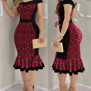 Houndstooth Print Off Shoulder Bodycon Dress Ruffle Hem Vintage Midi Dress, women Bodycon Dresses, ChicMe catalog