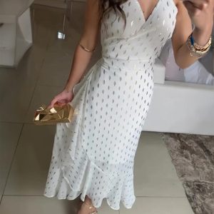 Bronzing V Neck Spaghetti Strap Ruffles Maxi Dress Casual Tied Detail Asymmetrical Dress, women Midi Dresses, ChicMe catalog