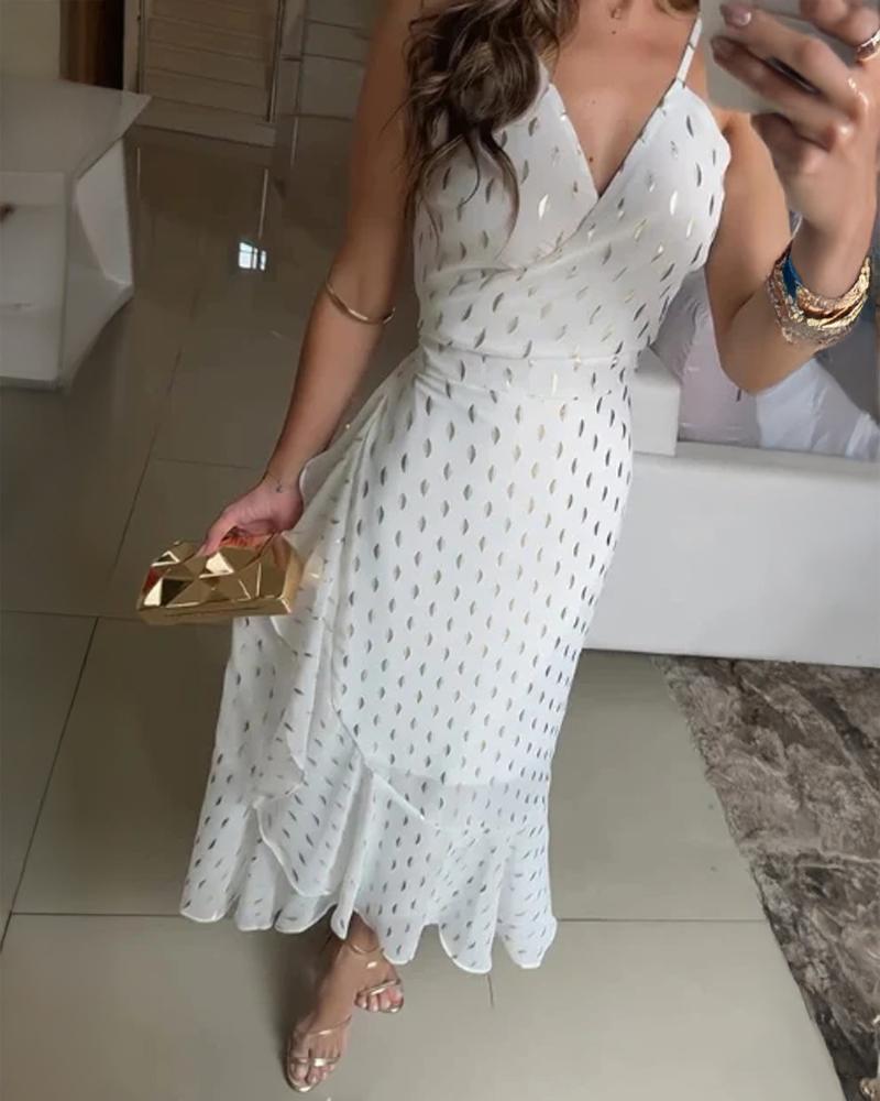 Bronzing V Neck Spaghetti Strap Ruffles Maxi Dress Casual Tied Detail Asymmetrical Dress, women Midi Dresses, ChicMe catalog