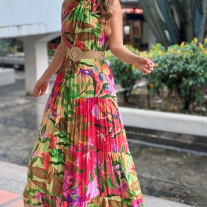 Tropical Print Halter Ruched Sleeveless Maxi Dress Casual A Line Flowy Smock Dress, women Print Dresses, ChicMe catalog