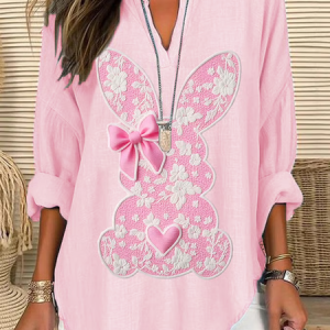 V Neck Long Sleeve Easter (rabbit) Regular Loose Blouse For Women, Blouses, color:Pink|size:5XL, catalog Noracora shop
