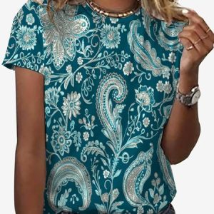 Women's Short Sleeve Tee T-shirt Summer Ethnic Jersey Crew Neck Daily Going Out Casual Top, JustFashionNow T-Shirts, color:Cyan|size:XXL,
