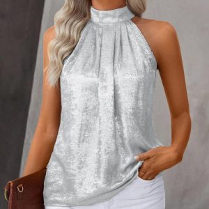 Metal Luster Ruched Halter Neck Blouse Tank Casual Loose Fit Top, women Tanks & Crop Tops, ChicMe catalog