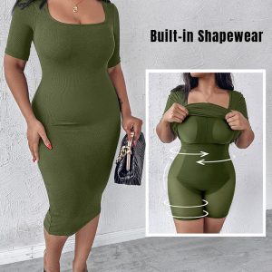 ChicMe ShapeSculpt Short Sleeve Bodycon Midi Dress BUILT-IN SHAPEWEAR Square Neck Slim Fit Casual Dresses, women Bodycon Dresses, ChicMe catalog