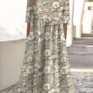 Women Floral Crew Neck Short Sleeve Comfy Casual Maxi Dress, Maxi, color:Khaki|size:3XL, catalog Noracora shop
