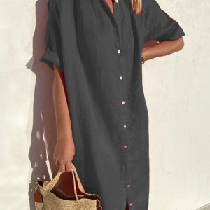 JFN Cotton & Linen Shirt Dress Half Sleeve Dress Maxi Button Down Dresses Spring Summer, JustFashionNow Basic Dresses, color:Gray|size:XS,