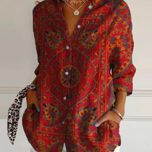 Shirt Collar Long Sleeve Ethnic Pattern Loose Shirt For Women, Shirts, color:Red|size:M, catalog Noracora shop